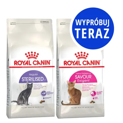 Dwie torby karmy Royal Canin: Regular Sterilised 37 i Feline Preference Savour Exigent. Niebieskie koło z napisem: Wypróbuj teraz.