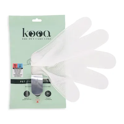 kooa Pet Cleaning Glove met vitamine B5 en panthenol, vegan, zonder dierproeven, natuurlijke ingrediënten. Verpakking toont productdetails en handschoen.