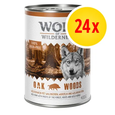 Pack of 24 cans, labelled 100% grain-free, wild boar with fruits of the forest, roots and wild herbs, 400g each.
