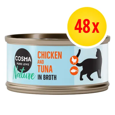 Cosma Nature Chicken and Tuna in Broth, 48 cans pack. Tin label shows chicken and tuna icons next to a cat silhouette.