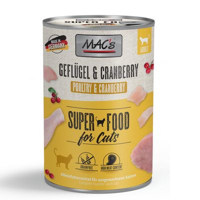 Lot de 12 boîtes MAC's Super Food for Cats, 400 g chacune, saveur canard, dinde et poulet. Texte visible : Made in Germany, grainfree, high meat content, complete food for adult cats.