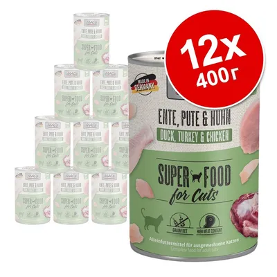 Комплект 12 консерви по 400 г MAC's Super Food for Cats с патешко, пуешко и пилешко. Видими надписи: Made in Germany, Grainfree, High Meat Content, Duck, Turkey & Chicken.