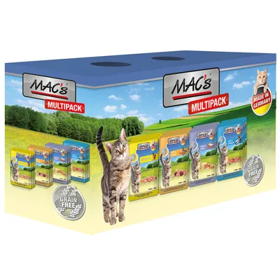 MAC's Multipack kattmat, flera förpackningar med olika smaker, text: 'GRAIN FREE', 'MADE IN GERMANY', bild på katt och landskap på kartongen. MAC's Multipack kattmat, flera förpackningar med olika smaker, text: 'GRAIN FREE', 'MADE IN GERMANY', bild på katt och landskap på kartongen.