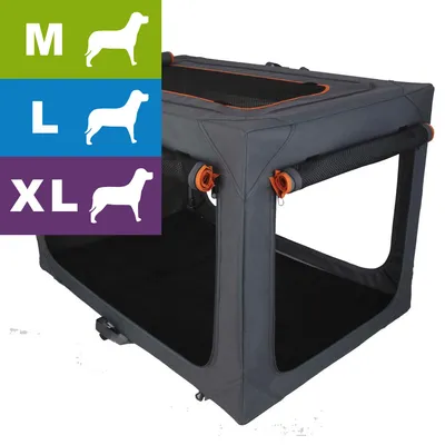 Foldable pet crate shown with size options M, L and XL indicated by icons and text on the left side of the image. Foldable pet crate shown with size options M, L and XL indicated by icons and text on the left side of the image.