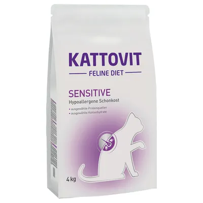Kattovit Feline Diet Sensitive, 4 кг. Видим текст: Hypoallergene Schonkost, ausgewählte Proteinquellen, ausgewählte Kohlenhydrate. Опаковка с изображение на котка.