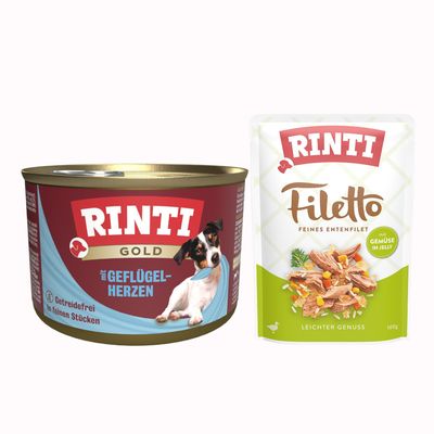 RINTI Gold mit Geflügelherzen, getreidefrei, in feinen Stücken. Abbildung einer Dose mit Hund auf der Verpackung.