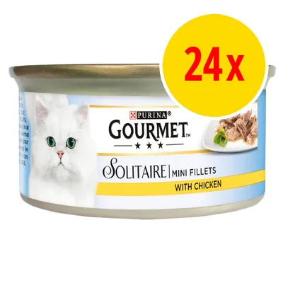 Gourmet Solitaire mini fillets with chicken, 24 pack shown on can label.