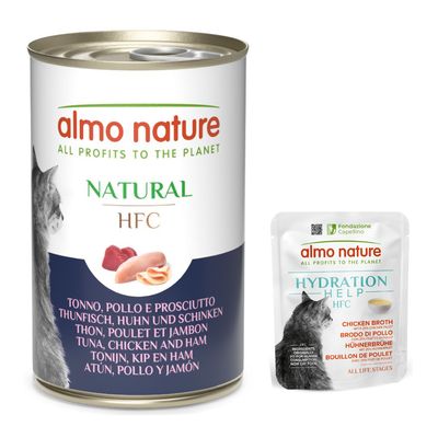 Almo Nature Natural HFC tonhal fiatal szardellával. Konzervdoboz macska motívummal és felirattal: 'All profits to the planet'.