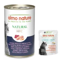 12 x 140 g Almo Nature HFC Natural  + 6 x 50 g HFC Hydration Help ingyen! - Tonhal & csirke & sonka (12 x 140 g) + csirkehúsleves & csirkefilé (6 x 50 g)