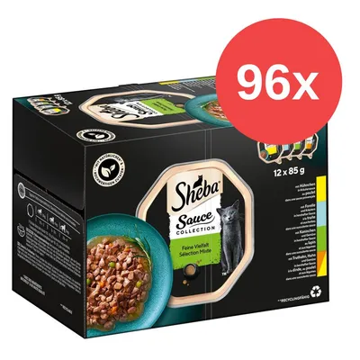 Sheba Sauce Collection, Feine Vielfalt, 96x 85g Portionsbeutel mit Huhn, Forelle, Kaninchen und Truthahn. Recyclingfähig.