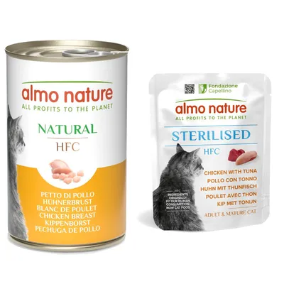 Almo Nature: 6 x 140 g HFC + HFC Sterilised, 6 x 50 g w super cenie! - Pierś z kurczaka + Kurczak z tuńczykiem