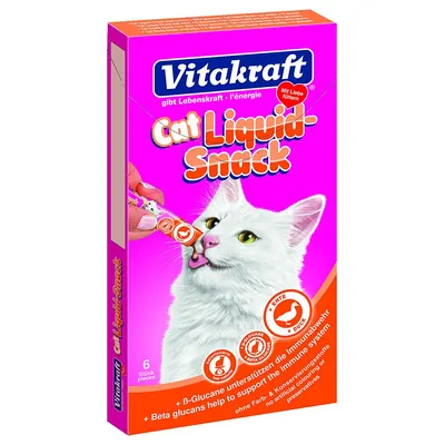 Vitakraft Cat Liquid-Snack, förpackning med bild på vit katt som slickar från en stick, text: 6 pieces, Ente/Duck, Beta glucans help to support the immune system, utan färgämnen/konserveringsmedel.