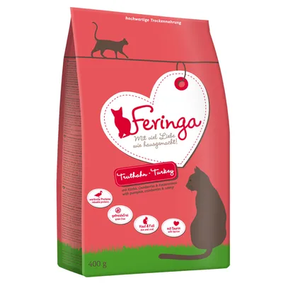 Feringa droogvoer kalkoen met pompoen, cranberries & kattenkruid. Hoogwaardige eiwitten, graanvrij, ondersteunt huid & vacht, bevat taurine. Verpakkingsgrootte: 400g. Feringa droogvoer kalkoen met pompoen, cranberries & kattenkruid. Hoogwaardige eiwitten, graanvrij, ondersteunt huid & vacht, bevat taurine. Verpakkingsgrootte: 400g.