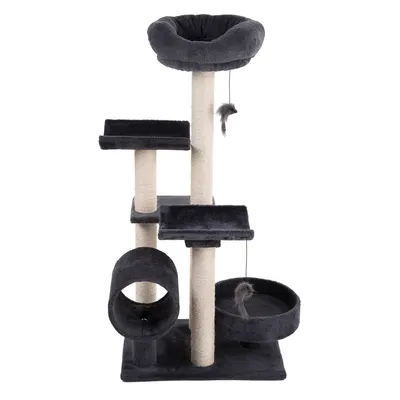 Árbol rascador de varios niveles, gris oscuro, postes de sisal, superficies acolchadas para descansar, cueva y juguete colgante.