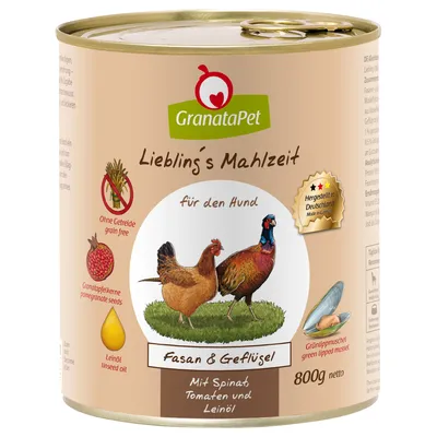GranataPet Lieblings Mahlzeit dla psa, bażant i drób ze szpinakiem, pomidorami i olejem lnianym. Bez zbóż, pestek granatu, małży zielonowargowych. Wyprodukowano w Niemczech. 800g netto.