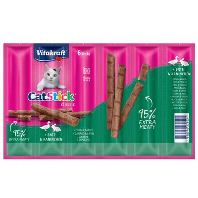 Vitakraft CatStick classic, 6 tyčinek, receptura bez cukru a obilovin, 95 % extra masové, příchuť kachna a králík.