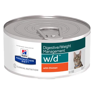Hill's Prescription Diet Digestive/Weight Management w/d with Chicken kattenvoer, blik 156 g. Afbeelding van kat op het etiket.