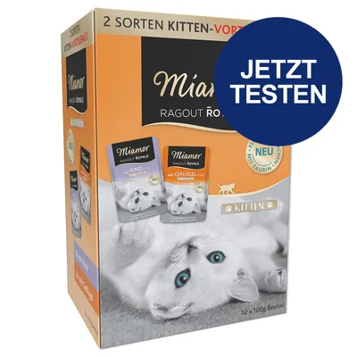 Miamor Ragout Royale Kitten, 2 Sorten: Rind und Geflügel, mit Taurin. 12 x 100g Beutel. Jetzt testen.