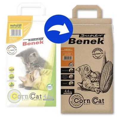 Super Benek Corn Cat Litter, 4,4 kg, klumpend, absorbiert unangenehme Gerüche, natürlich, GMO-frei. Verpackungsänderung von Plastik zu Papier dargestellt.