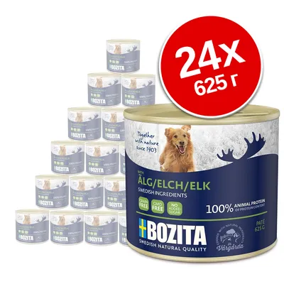 24 банки по 625 г. Консервы BOZITA с лосем, надписи: '100% animal protein', 'grain free', 'GMO free', 'no added sugar', 'Swedish ingredients', 'pâté'.