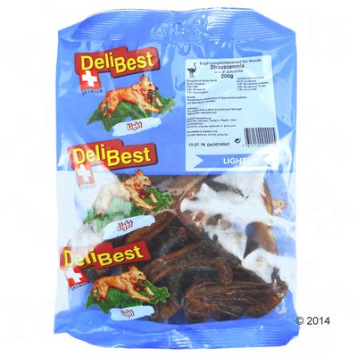 Opakowanie przysmaków dla psów DeliBest Light, 200 g. Widoczne kawałki suszonego mięsa, etykieta z nazwą produktu i informacjami w kilku językach.