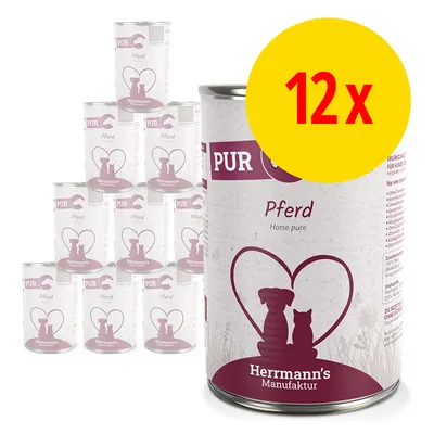 Lot de 12 boîtes Herrmann’s Manufaktur PUR Pferd, étiquette avec silhouettes chien et chat dans un cœur, texte visible : Pferd Horse pure.