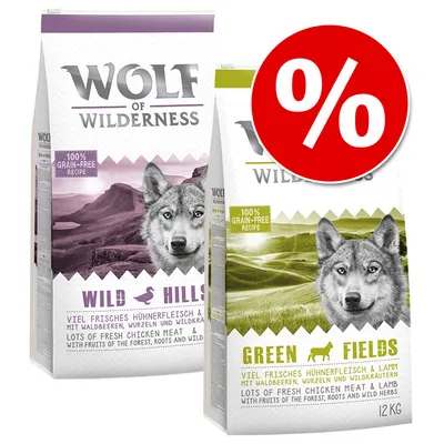 Blandat ekonomipack: 2 x 12 kg Wolf of Wilderness hundmat - Green Fields + Wild Hills Blandat ekonomipack: 2 x 12 kg Wolf of Wilderness hundmat - Green Fields + Wild Hills