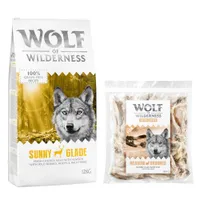 Wolf of Wilderness Kombi-Paket: Adult Trockenfutter + 3 x Kaninchenohren mit Fell Snacks - 12 kg Sunny Glade - Hirsch + 3 x 400 g Snacks