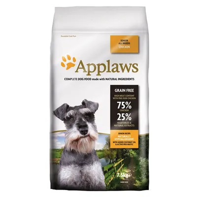 Balení Applaws Senior All Breeds Chicken, 7,5 kg. Text: 75 % chicken, 25 % vegetables & natural extracts, grain free, naturally hypoallergenic, added coconut oil & active pro-bio.