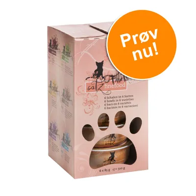 catz finefood, 6 Schalen in 6 Sorten, 6 x 85 g = 510 g. Prøv nu! Tekst på engelsk, tysk, fransk og italiensk synlig på emballagen.
