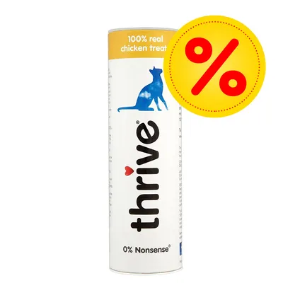 thrive kattgodis, text: 100% real chicken treat, 0% Nonsense. Gul rabattikon med röd procenttecken synlig.