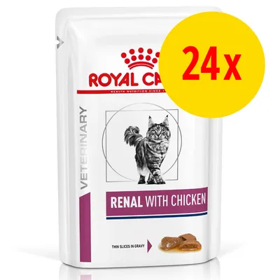 Confezione Royal Canin Renal with Chicken per gatti, 24x. Testo visibile: VETERINARY, RENAL WITH CHICKEN, thin slices in gravy. Immagine di gatto e fettine di carne.