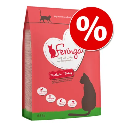 Опаковка Feringa суха храна за котки, 6,5 кг, с надпис „Truthahn Turkey“, икони: без зърнени, таурин, кожа и козина. Голям червен знак за процентна отстъпка.