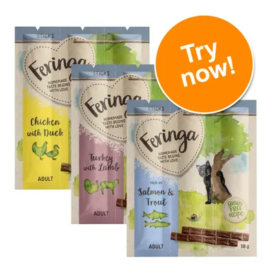 Feringa Sticks for adult cats, visible flavours: Chicken with Duck, Turkey with Lamb, Salmon & Trout. Text: Homemade taste begins with love, grain free recipe, Try now! Feringa Sticks for adult cats, visible flavours: Chicken with Duck, Turkey with Lamb, Salmon & Trout. Text: Homemade taste begins with love, grain free recipe, Try now!