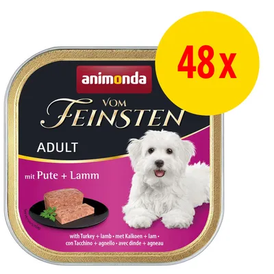 animonda Vom Feinsten ADULT mit Pute + Lamm, balení 48x. Na obalu je vyobrazený bílý pes a porce masové paštiky.