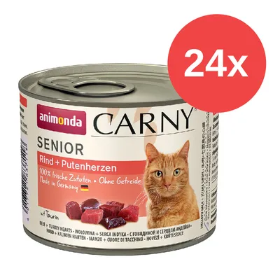 Animonda Carny Senior Rind + Putenherzen, 100% frische Zutaten, ohne Getreide, Made in Germany, mit Taurin. Packung enthält 24 Dosen. Animonda Carny Senior Rind + Putenherzen, 100% frische Zutaten, ohne Getreide, Made in Germany, mit Taurin. Packung enthält 24 Dosen.