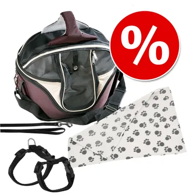 Set aus Transporttasche, schwarzem Geschirr mit Leine und weißem Halstuch mit Pfotenmuster. Rotes Prozentzeichen für Rabatt sichtbar.