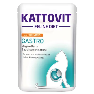 Kattovit Feline Diet Gastro con tacchino e riso. Testo in tedesco: Magen-Darm, Bauchspeicheldrüse, fettarm und leicht verdaulich, hoher Elektrolytgehalt.