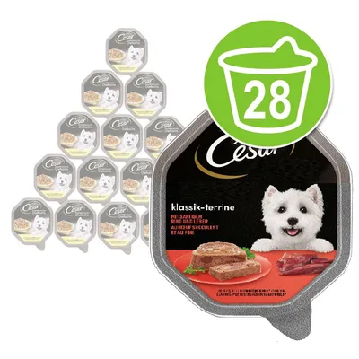 Пакет от 28 броя Cesar класик-терин, видими надписи: mit saftigem rind und leber, au boeuf succulent et au foie. Изображение на пастет и парче месо на опаковката. Пакет от 28 броя Cesar класик-терин, видими надписи: mit saftigem rind und leber, au boeuf succulent et au foie. Изображение на пастет и парче месо на опаковката.