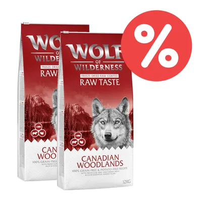 Wolf of Wilderness Canadian Woodlands, 12kg, getreide- und kartoffelfrei, mit frischem Rind, Ente und Truthahn. Freeze-Dried Raw-Coated. Prozentzeichen für Rabattaktion.