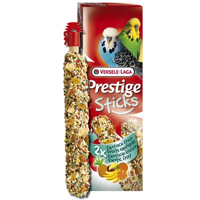 Versele-Laga Prestige Sticks, 2x eksotično sadje za skobčevke. Embalaža prikazuje dve skobčevki in sadno mešanico z ananasom, pomarančo in banano.