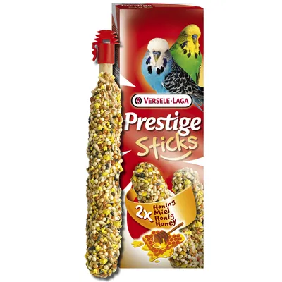 Versele-Laga Prestige palčke za budgerigarje, 2x meden okus, s semeni in zrni. Embalaža prikazuje dva budgerigarja in sliko izdelka.