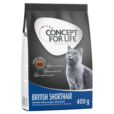 Concept for Life British Shorthair, 400 g. Specjalna formuła dla zdrowej skóry, lśniącej sierści, zdrowych stawów i funkcji serca. Dla dorosłych kotów British Shorthair od 12 miesięcy.