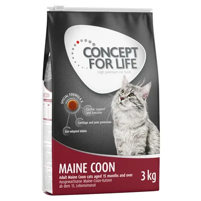 Hrană uscată pentru pisici Concept for Life Maine Coon, 3 kg. Text vizibil: cardiac support and function, cartilage and joint protection, size-adapted kibble, special formula X.