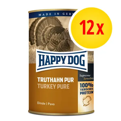 Confezione da 12 lattine Happy Dog Truthahn Pur Turkey Pure, 100% tierisches Protein, made in Germany, Supreme Sensible. Testo visibile anche in inglese, francese e spagnolo.