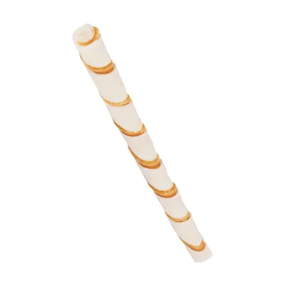 Hvid tyggepind med brun spiral, uden synlig emballage eller mærkning. Materiale ligner presset råhud.