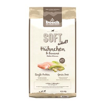 Bosch Soft Adult csirke és banán, egyféle fehérje, gabonamentes, 60% friss csirke, 1 éves kortól érzékeny kutyáknak, 2,5 kg.