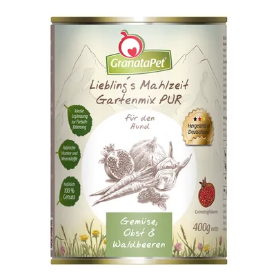 GranataPet Lieblings Mahlzeit Gartenmix PUR dla psa, warzywa, owoce i jagody leśne, wyprodukowane w Niemczech, naturalne witaminy i minerały, 400g netto.