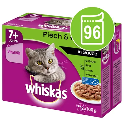 Whiskas mokra hrana za mačke 7+ godina, riba i meso u umaku, 96 vrećica po 100 g. Vidljivo: vitalität, MSC certifikat, vrste: perad, govedina, janjetina, bijela riba. Whiskas mokra hrana za mačke 7+ godina, riba i meso u umaku, 96 vrećica po 100 g. Vidljivo: vitalität, MSC certifikat, vrste: perad, govedina, janjetina, bijela riba.