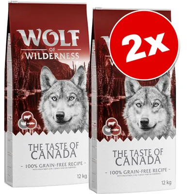 Lot de 2 sacs Wolf of Wilderness The Taste of Canada, recette sans céréales, 12 kg chacun. Texte visible : 100 % grain-free recipe, with fresh beef, cod, turkey and cranberries.